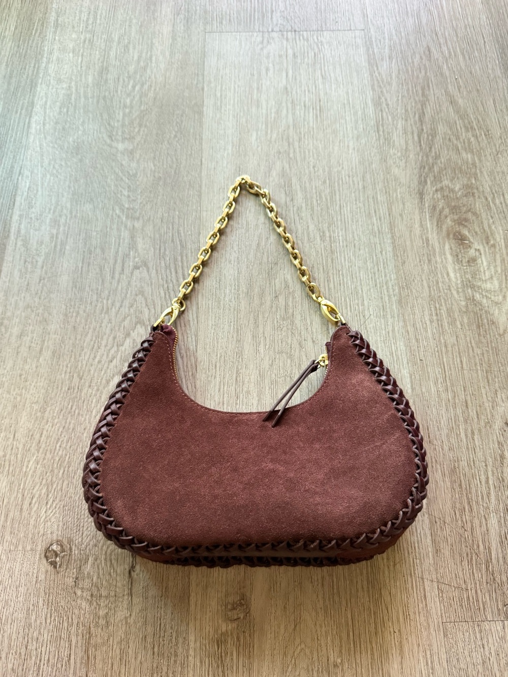 sancia the zatka brown suede leather gold chain link shoulder purse cluth bag